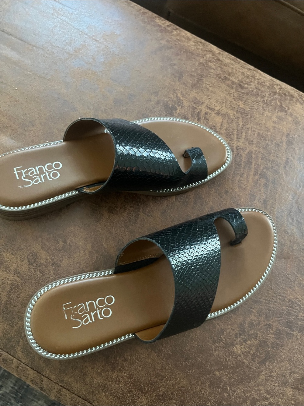 Franco Sarto Black Textured Slide Sandals with Toe Loop